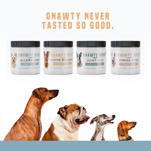 Allerg-Ease, Biome Balance, Joint Flex, and Omega Shine Gnawty Bites Supplements