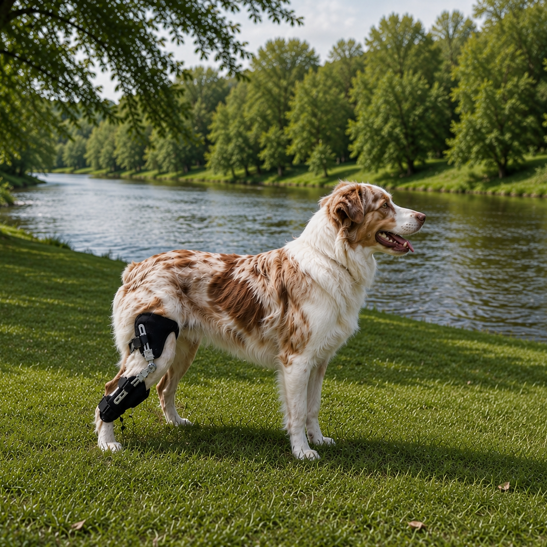 Dog with a knee brace standing by a river